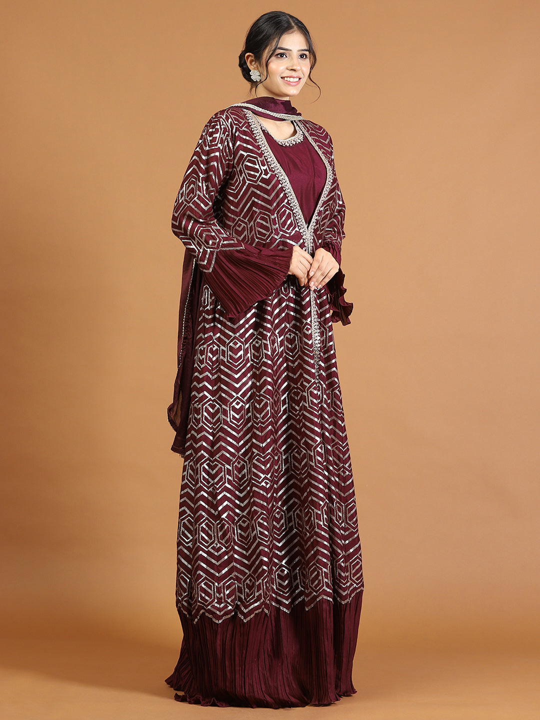 Gota Embroidery Crepe Kurta With Jacket &amp; Dupatta