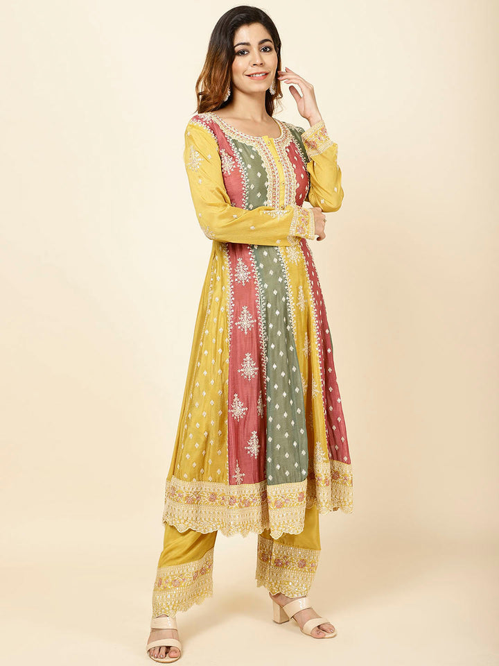 Embroidered Crepe Kurta With Palazzo &amp; Dupatta