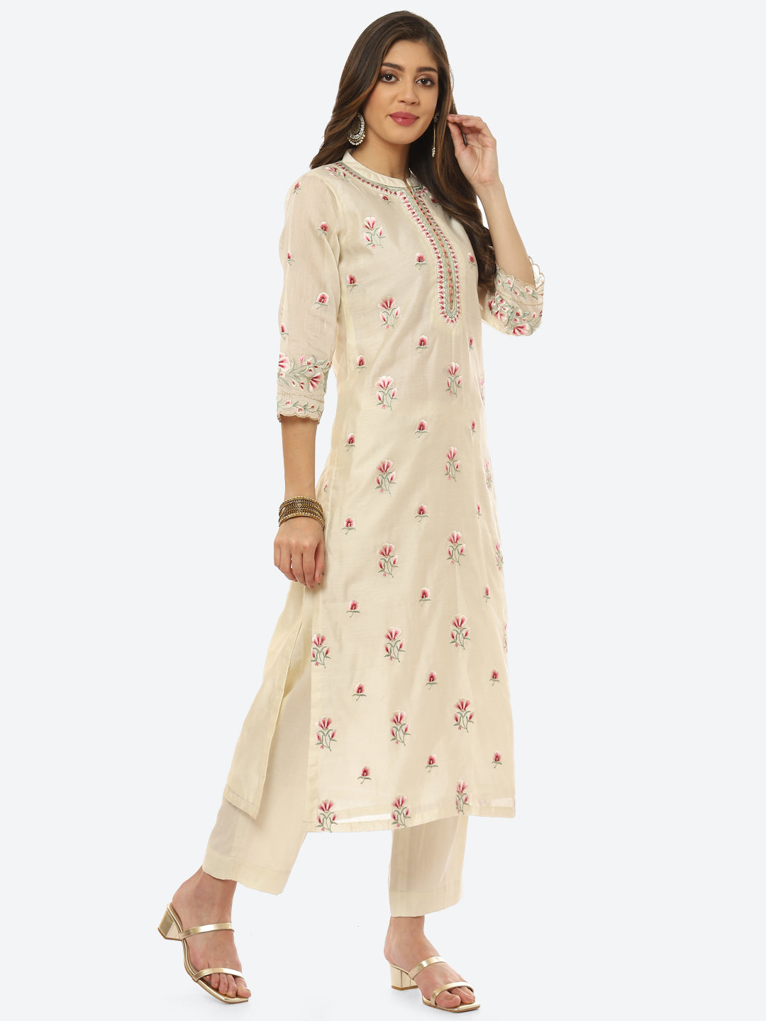 Resham Booti Cotton Kurta With Pant &amp; Dupatta