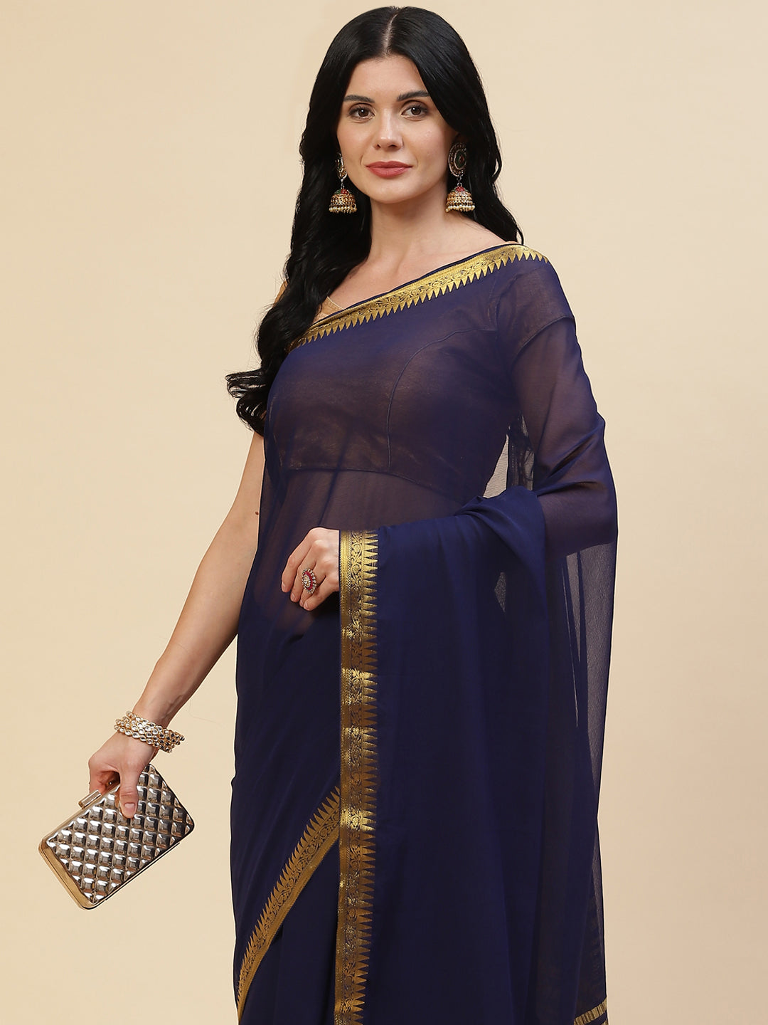 Plain Zari Border Chiffon Saree
