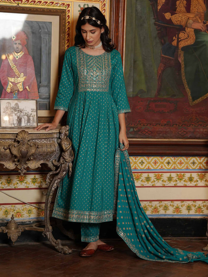 Neck Embroidered Cotton Kurta With Palazzo &amp; Dupatta
