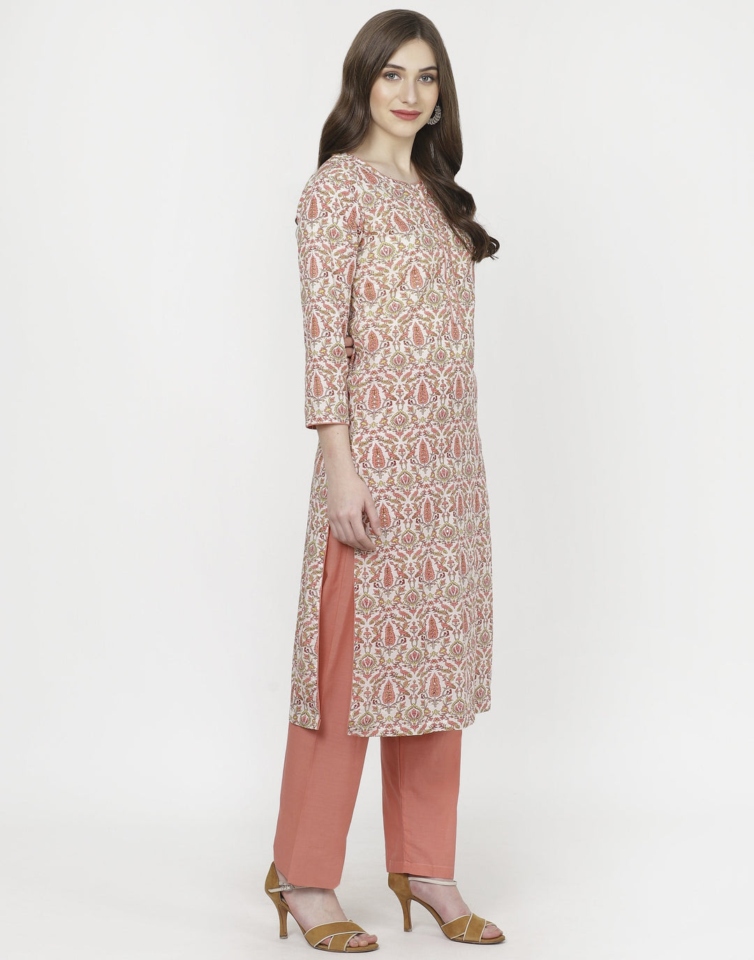 Cream Peach Cotton Kurti with Palazzo