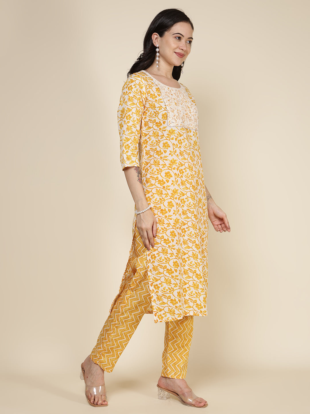 Printed Cotton Blend Kurta With Pants &amp; Dupatta
