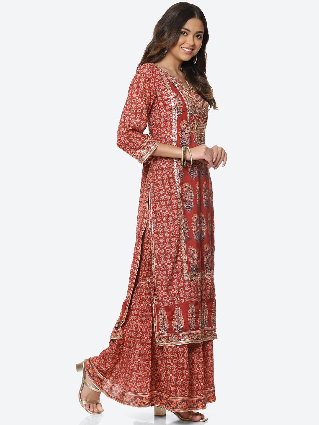 Gota Neck Printed Cotton Kurta With Garara & Dupatta