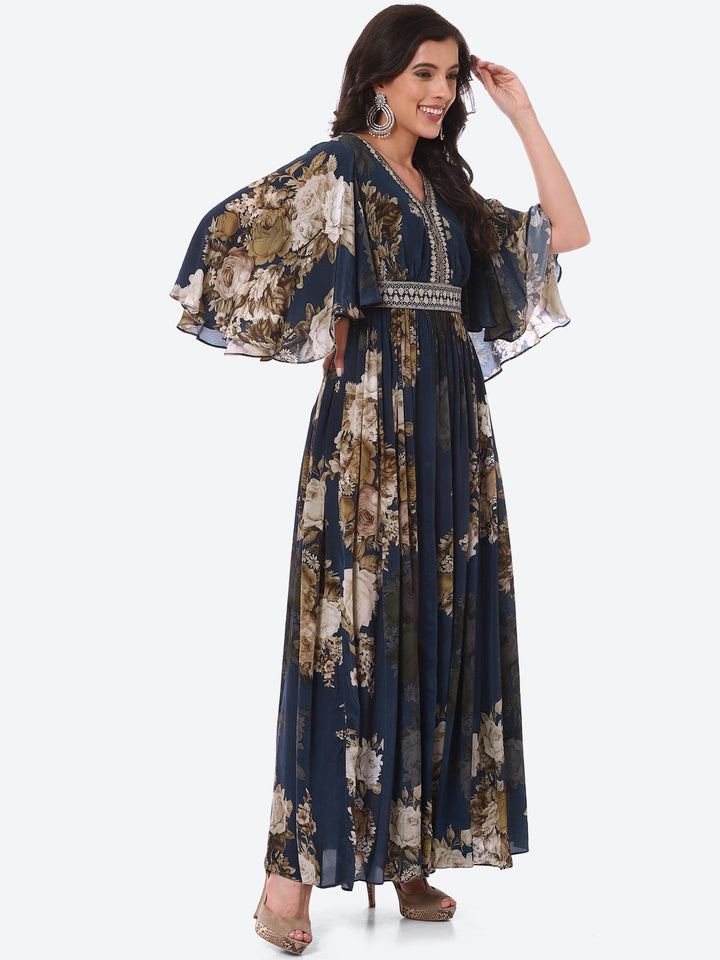 Floral Digital Printed Crepe A-Line Gown Dress