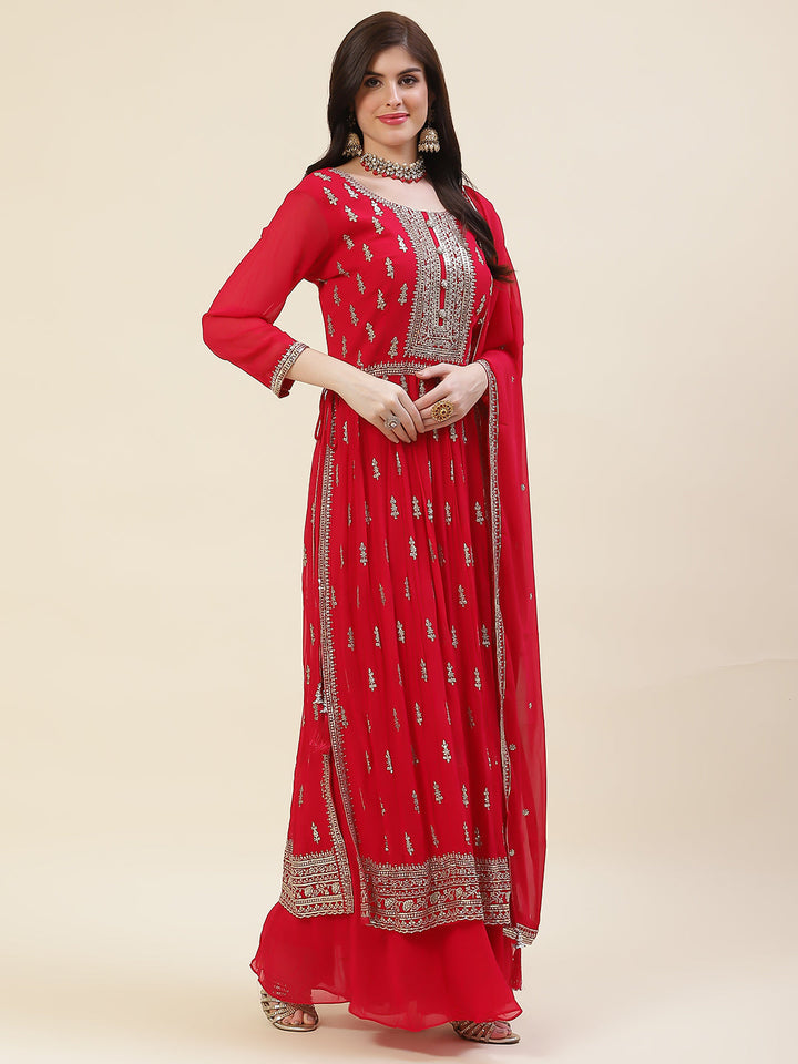 Resham Sequin Booti Georgette Kurta With Palazzo &amp; Dupatta