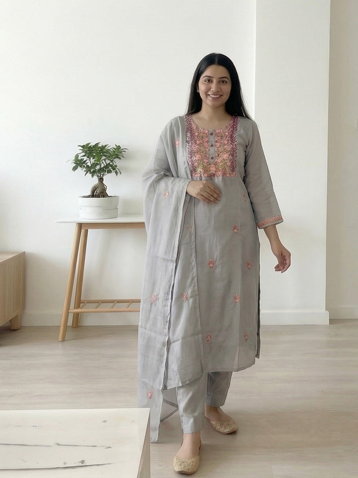 Grey Art Silk Printed Straight Suit Set