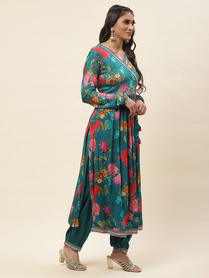 Floral Printed Chiffon Kurta With Pants &amp; Dupatta