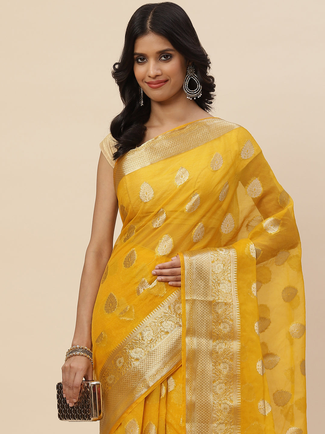 Zari Booti Organza Plain Saree