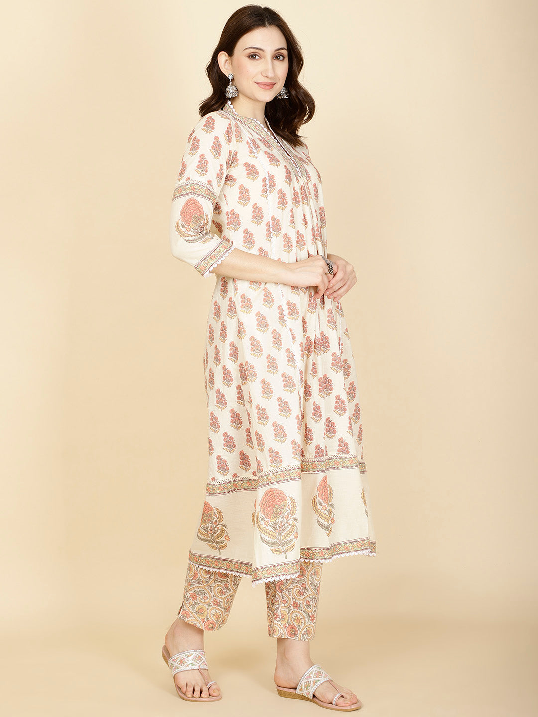 Floral Block Printed Cotton Kurta With Pants &amp; Dupatta