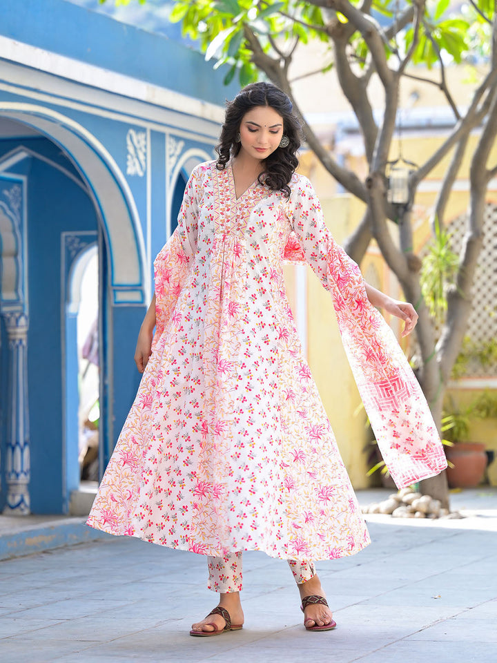 Printed Cotton Kurta With Pants &amp; Dupatta