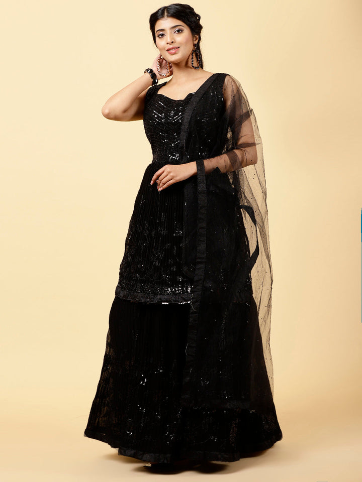 Sequin Embroidered Georgette Choli With Lehenga &amp; Dupatta