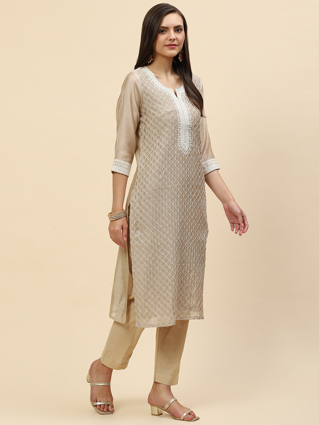 Sequin Embroidered Chanderi Kurta With Pants