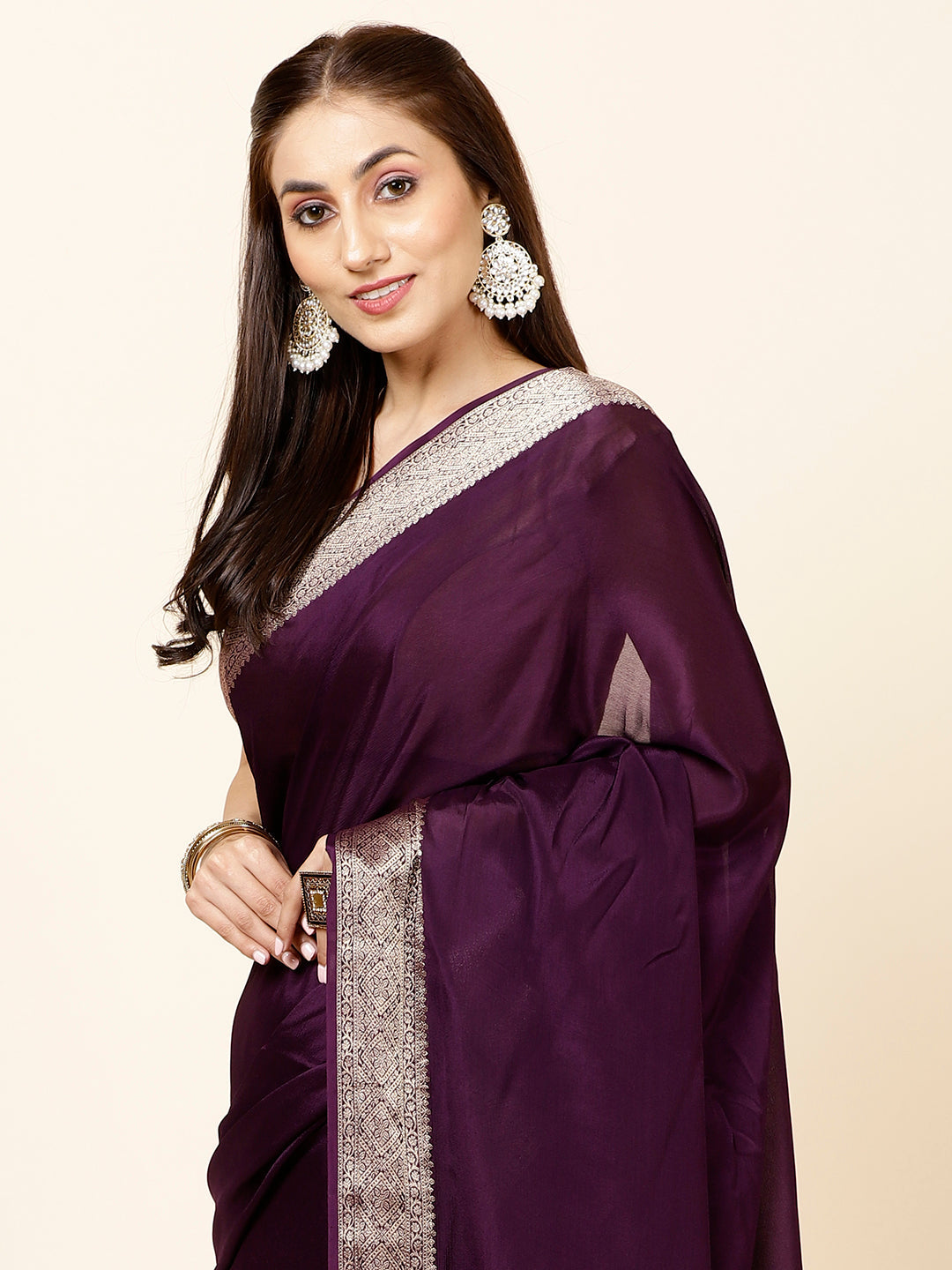 Zari Border Plain Crepe Saree