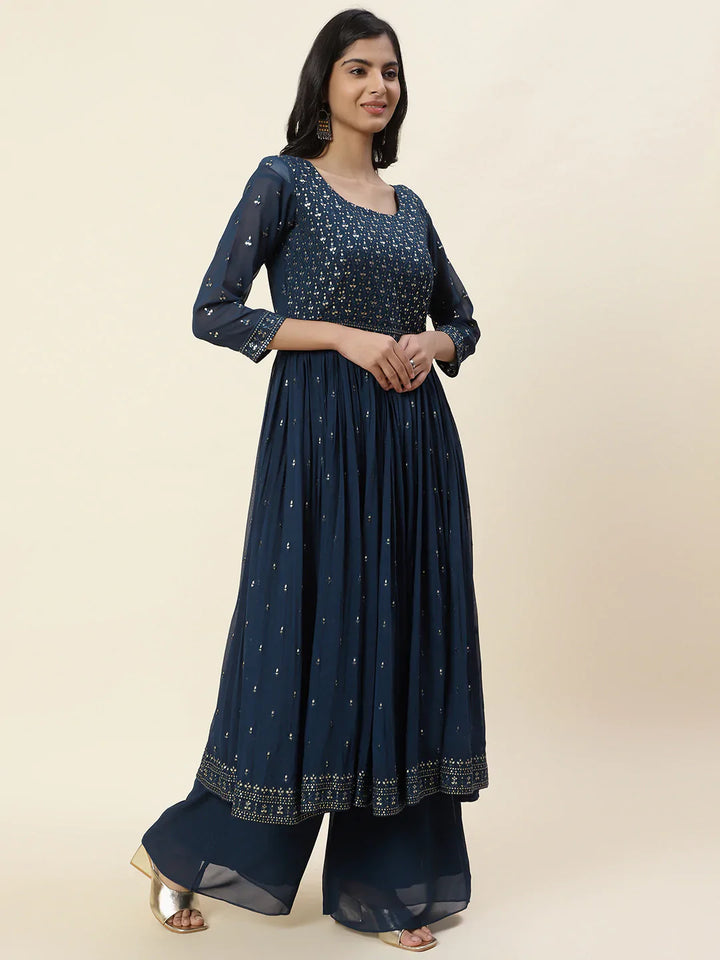 Resham Sequin Embroidered Georgette Kurta With Palazzo &amp; Dupatta