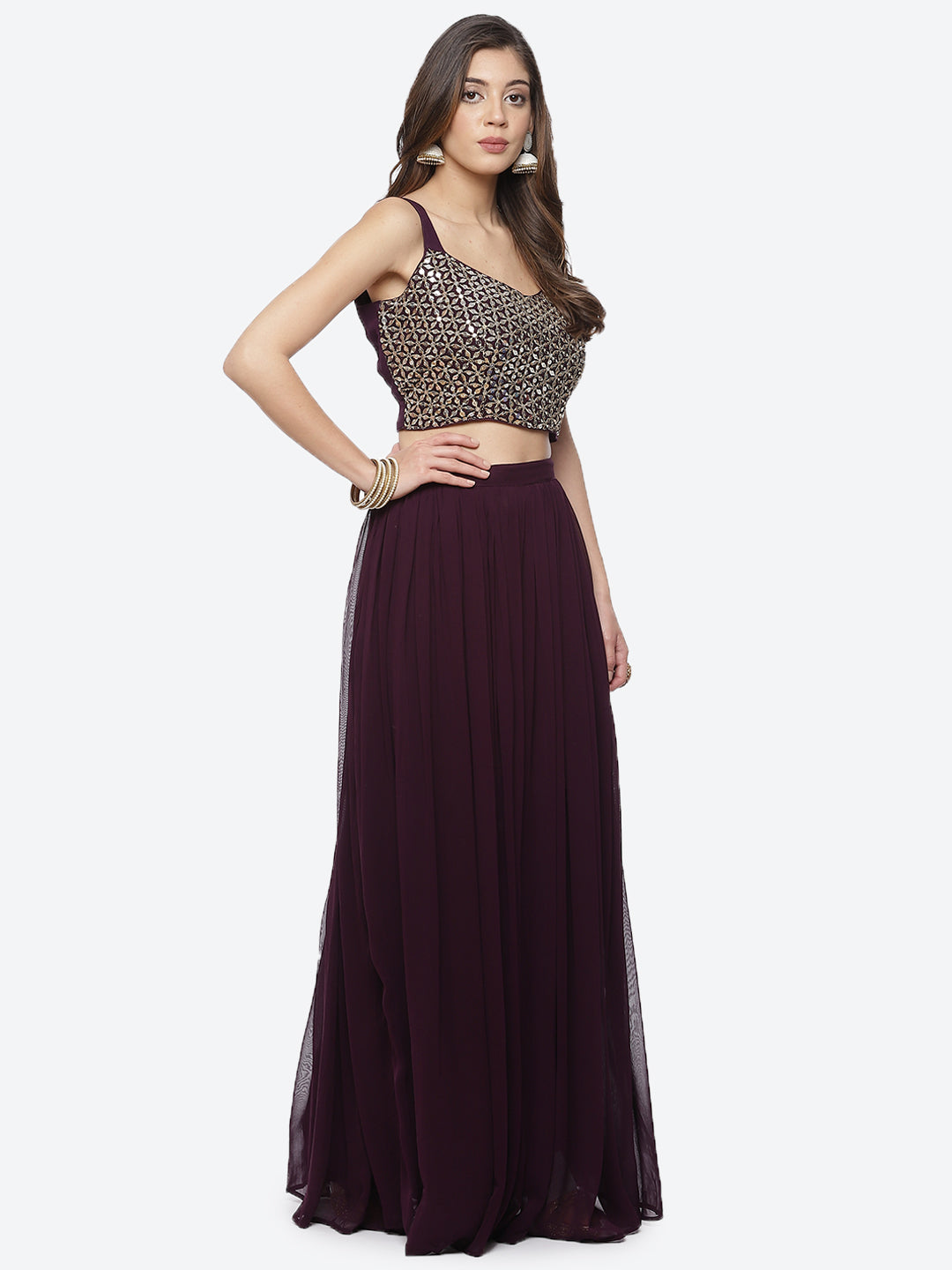 Mirror Work Georgette Crop Top With Palazzo & Jacket