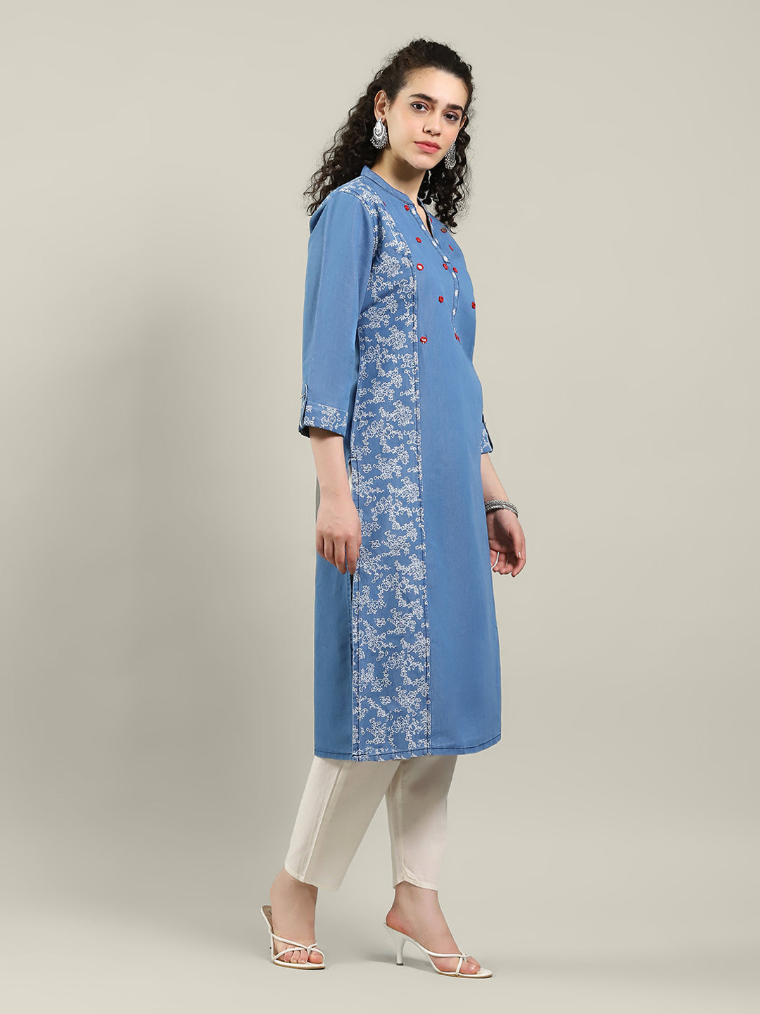Neck Embroidered Denim Kurta