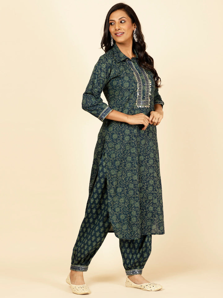Floral Printed Cotton Kurta With Pants