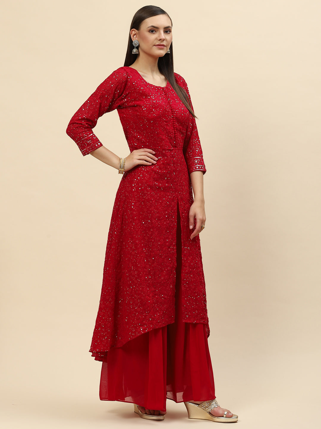 Sequin Embroidered Georgette Kurta With Palazzo &amp; Dupatta