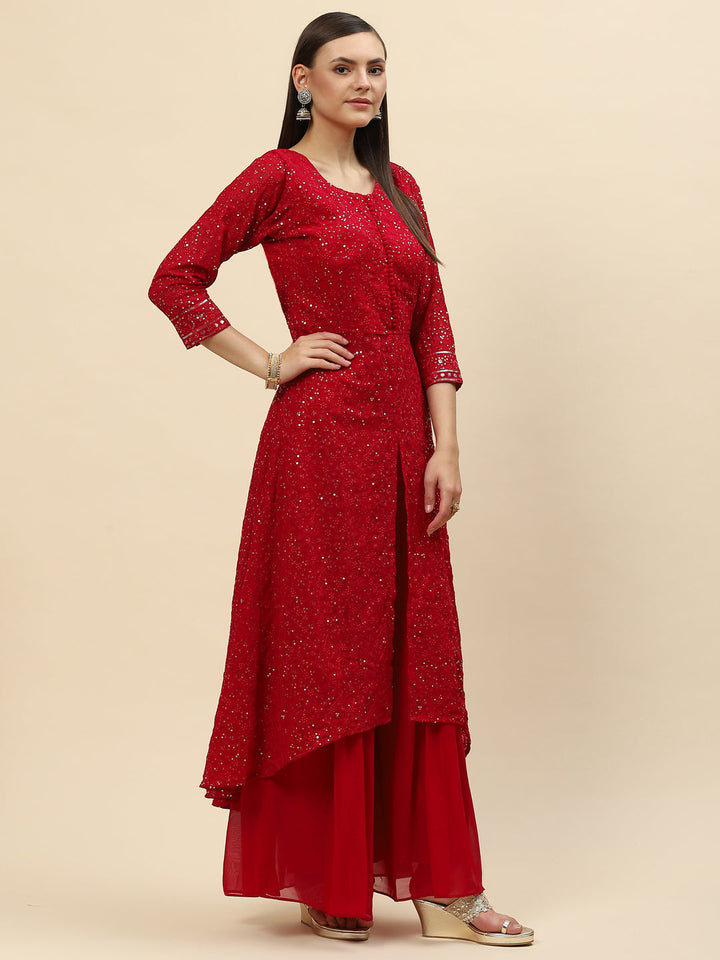 Sequin Embroidered Georgette Kurta With Palazzo &amp; Dupatta