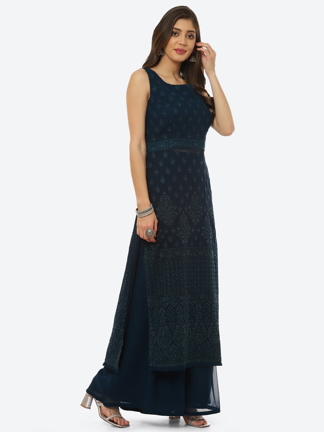 Resham Booti Georgette Kurta With Palazzo &amp; Dupatta