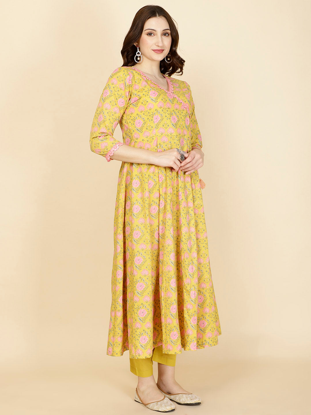 Floral Printed Cotton Anarkali Kurta With Pants