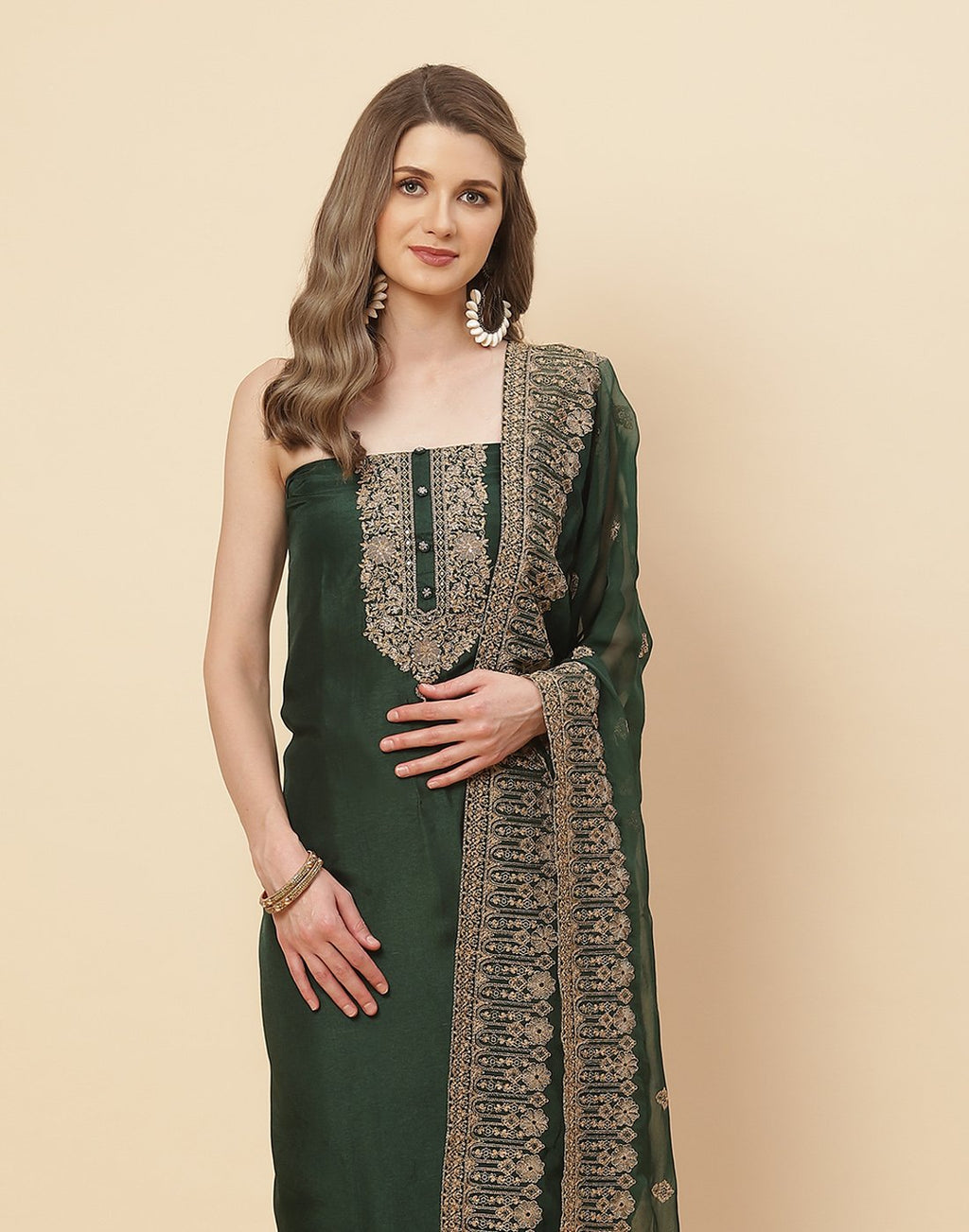 Embroidered Art Handloom Dupion Suit Piece with Chanderi Dupatta