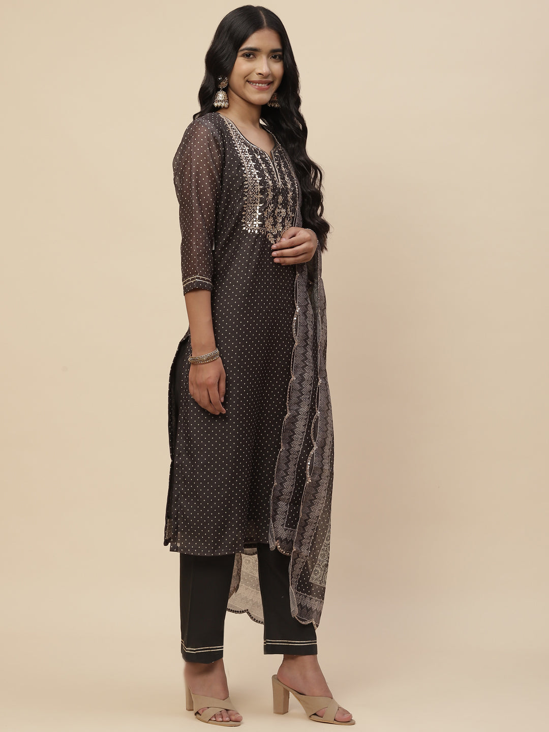 Zari Neck Embroidered Chanderi Kurta With Pants &amp; Dupatta