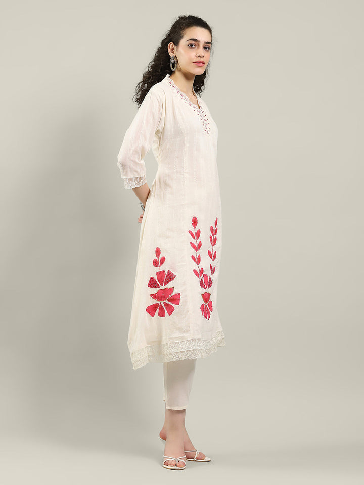Neck Embroidered Cotton Blend Kurta With Pants &amp; Dupatta