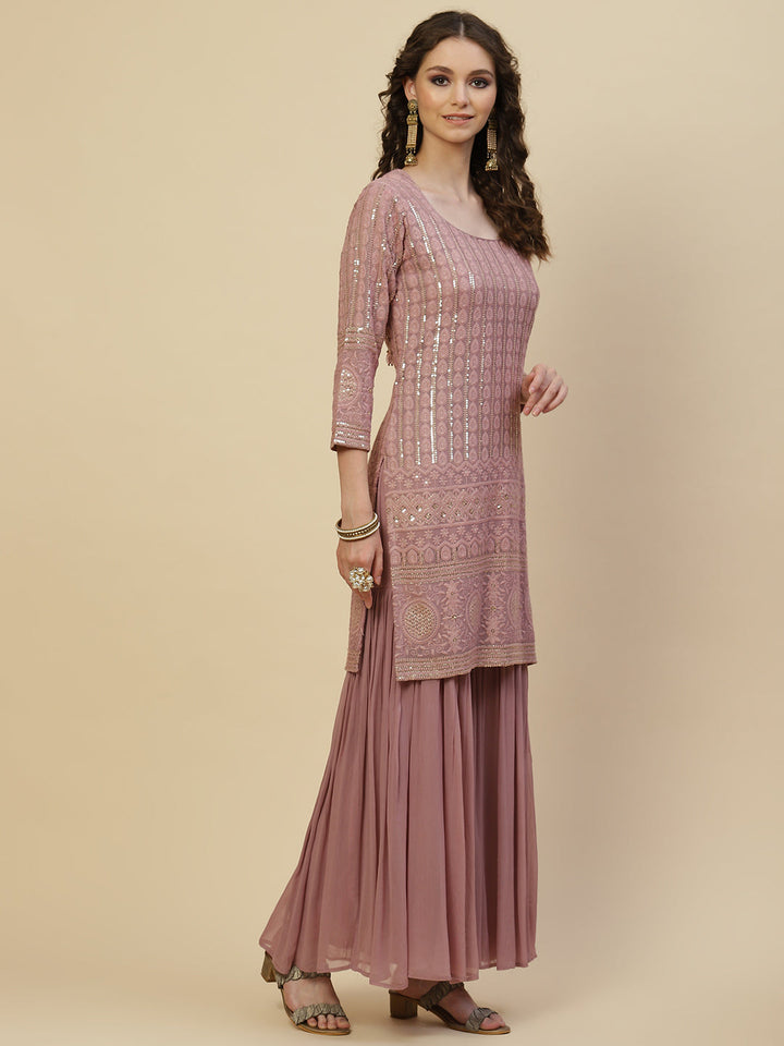 Resham Sequin Embroidered Georgette Kurta With Palazzo &amp; Dupatta