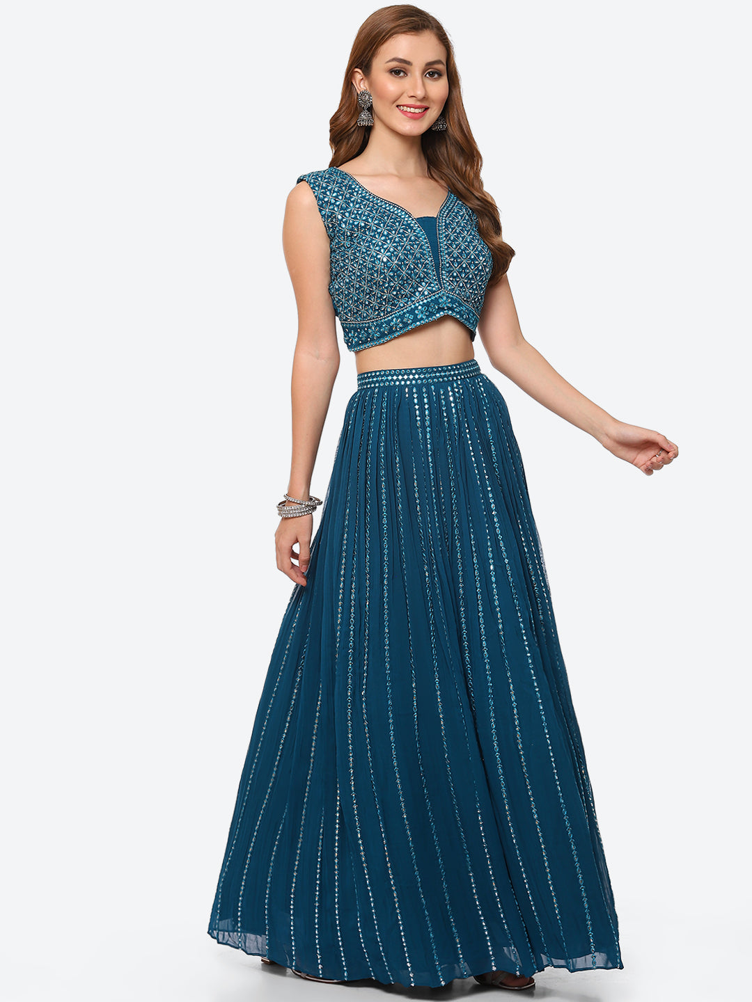 Mirror Work Georgette Choli With Laacha &amp; Net Dupatta