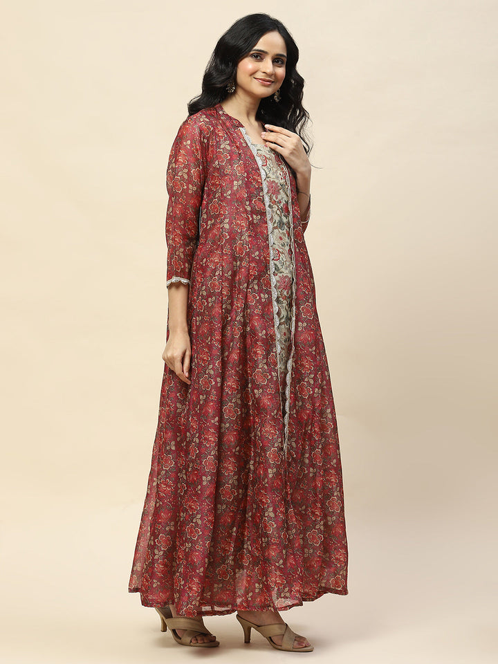 Floral Printed Cotton Gown Dress With Jacket
