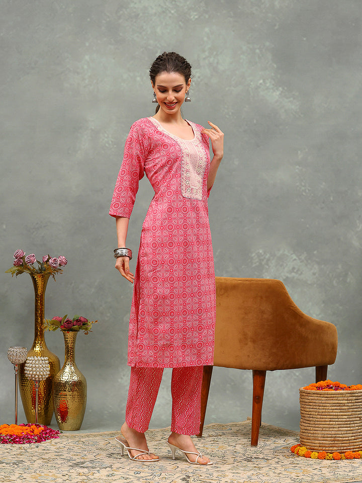 Floral Printed Cotton Kurta With Pants &amp; Dupatta