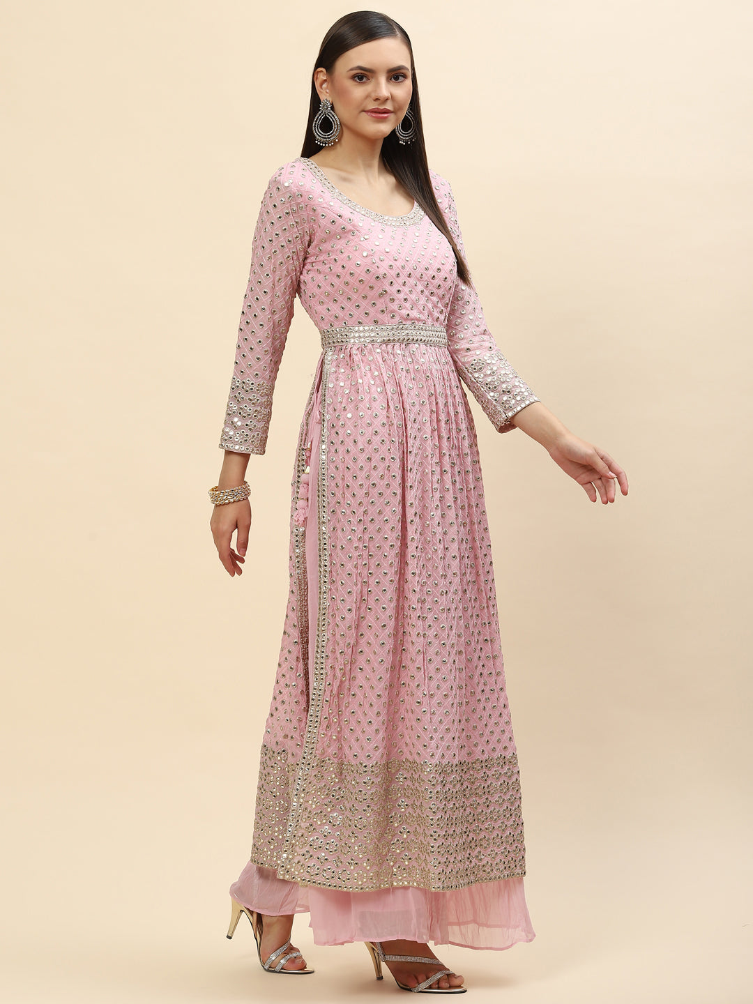 Mirror Embroidered Georgette Kurta With Palazzo & Dupatta
