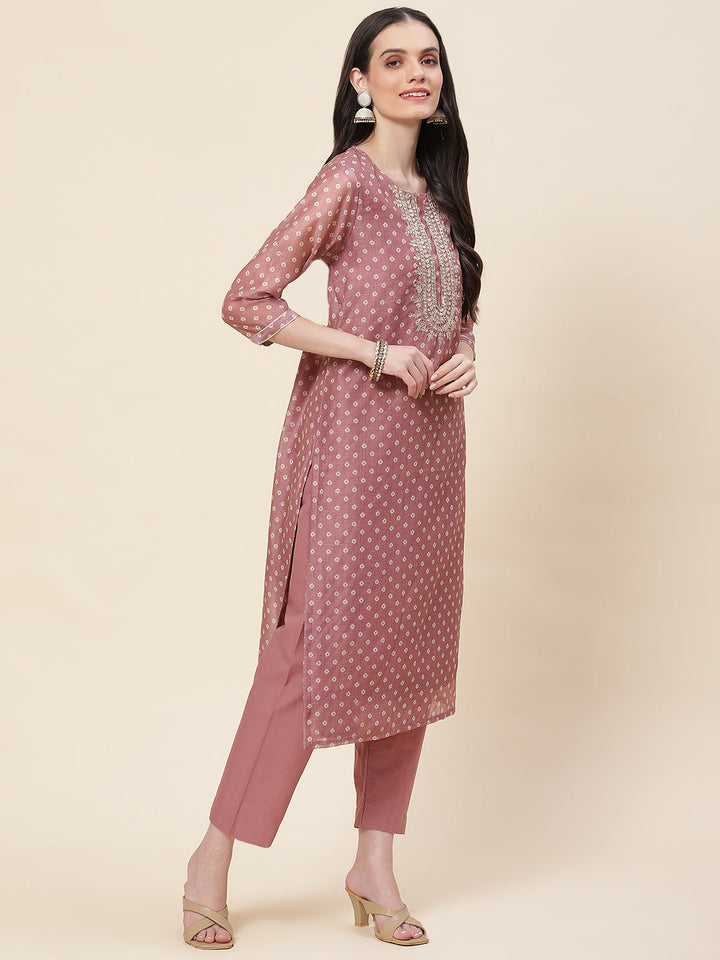 Printed &amp; Neck Embroidered Chanderi Kurta With Pants