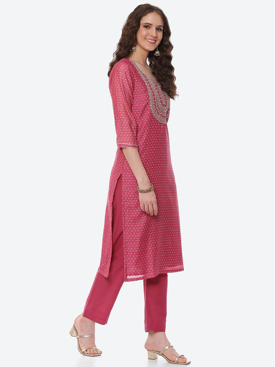 Zari Neck Embroidered Chanderi Kurta With Pant &amp; Dupatta