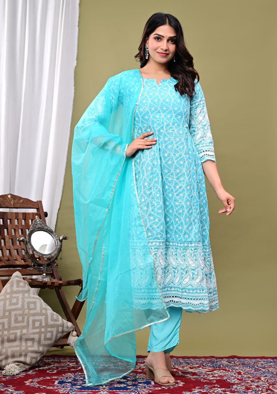 Embroidered Cotton Blend Kurta With Pant &amp; Dupatta