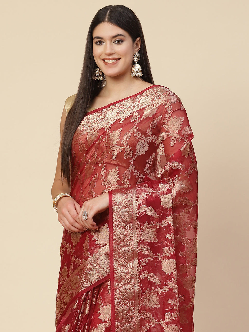 Floral Zari Jaal Organza Woven Saree