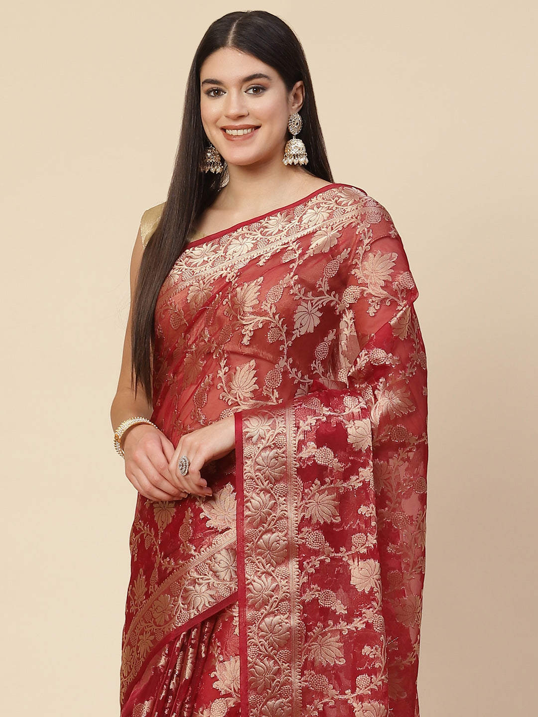 Floral Zari Jaal Organza Woven Saree