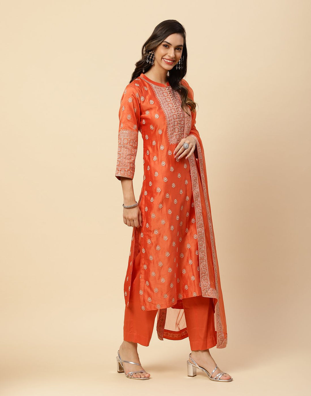 Embroidered Cotton Chanderi Salwar Kameez Stitched Suit With Chiffon Dupatta