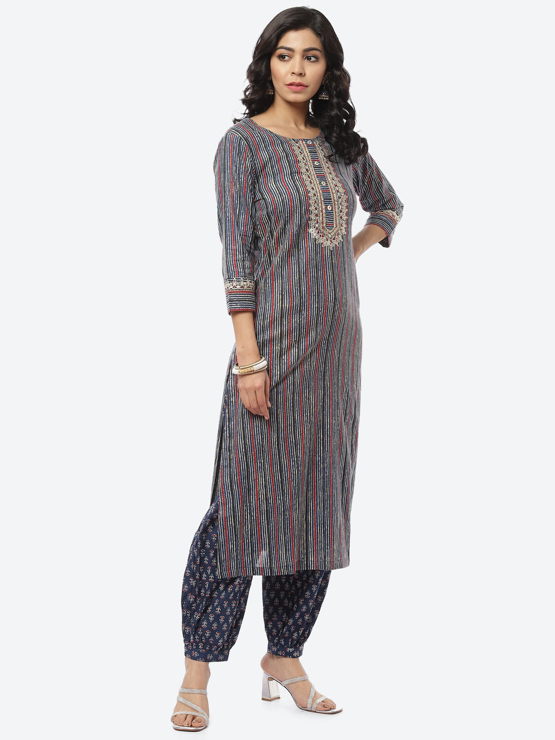 Printed Zari Neck Cotton Kurti With Afghani Pant