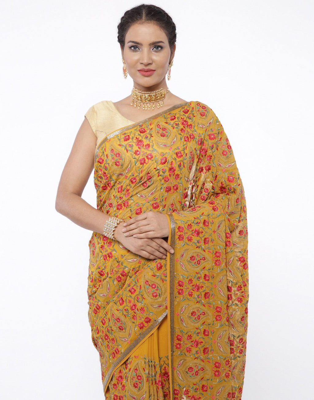 MBZ Meena Bazaar-Black colour georgette Saree With All-over Paisley Thread Embroidery