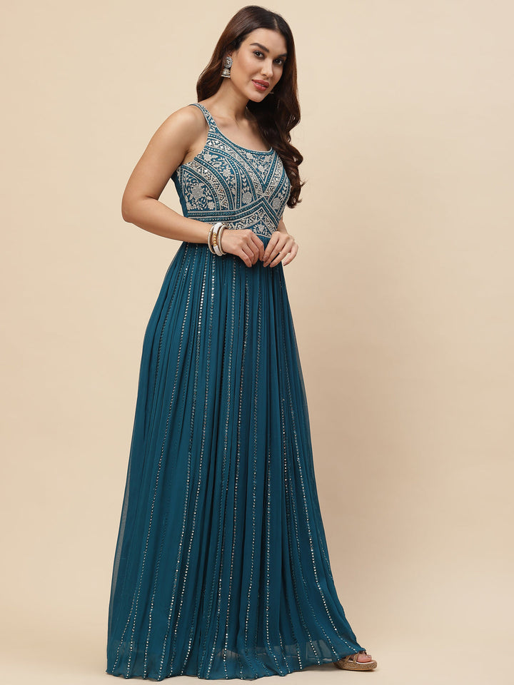 Neck Embroidered Georgette Gown With Jacket &amp; Dupatta