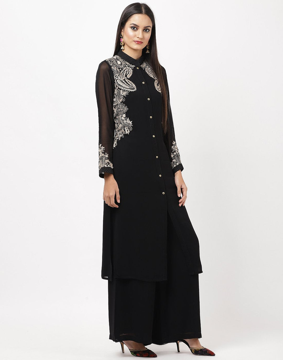 MBZ Meena Bazaar-Black Georgette Kurti with Palazzo