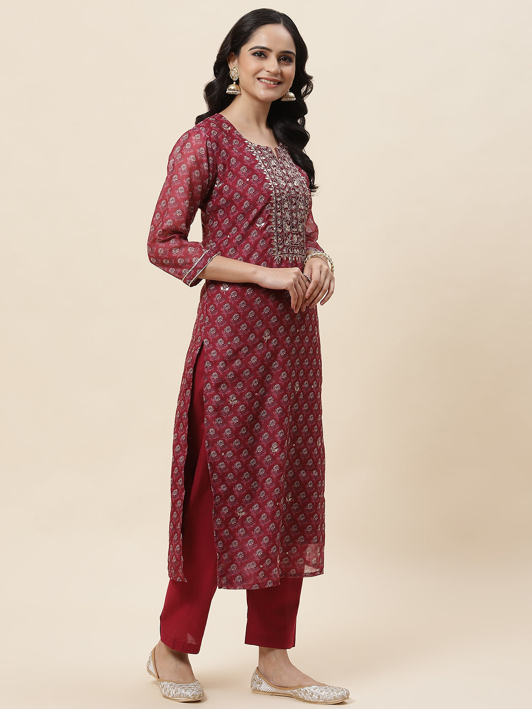 Floral Printed Chanderi Kurta With Pants & Dupatta