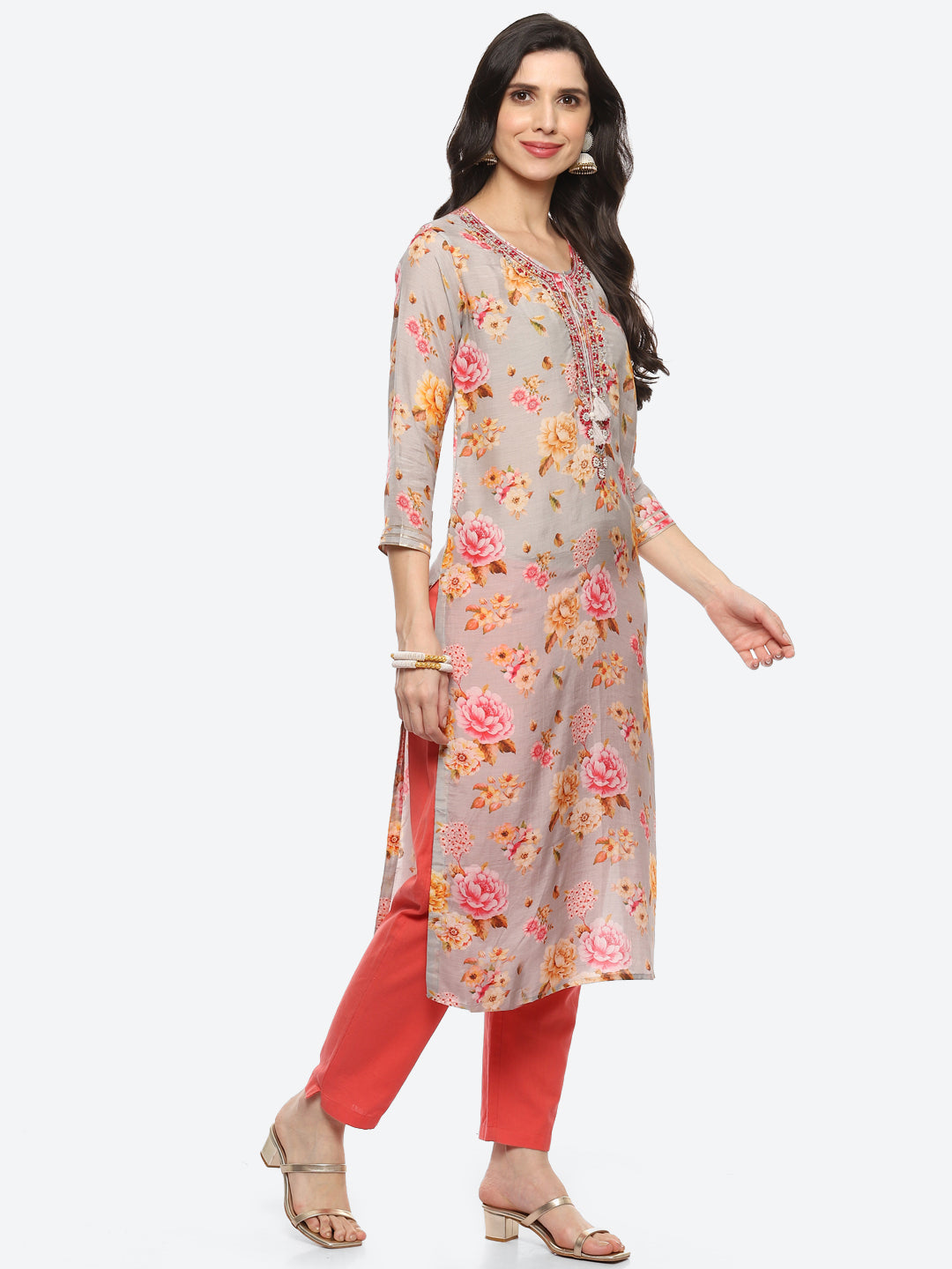 Sequin Work Yoke Printed Muslin Kurta