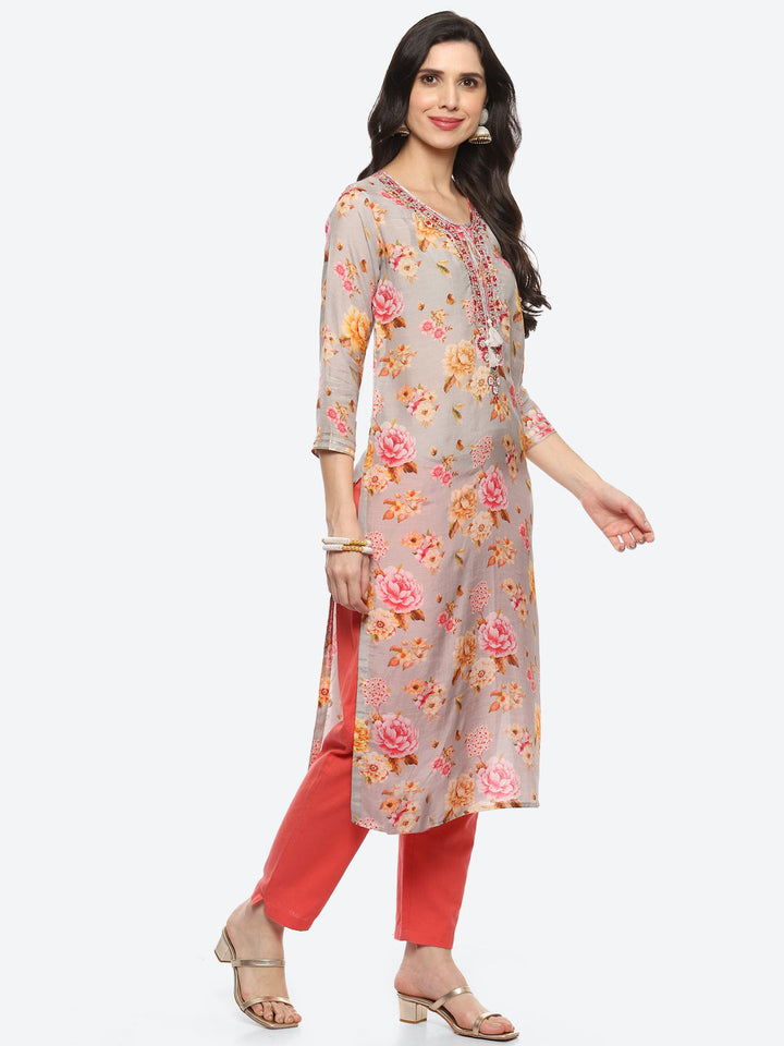 Sequin Work Yoke Printed Muslin Kurta
