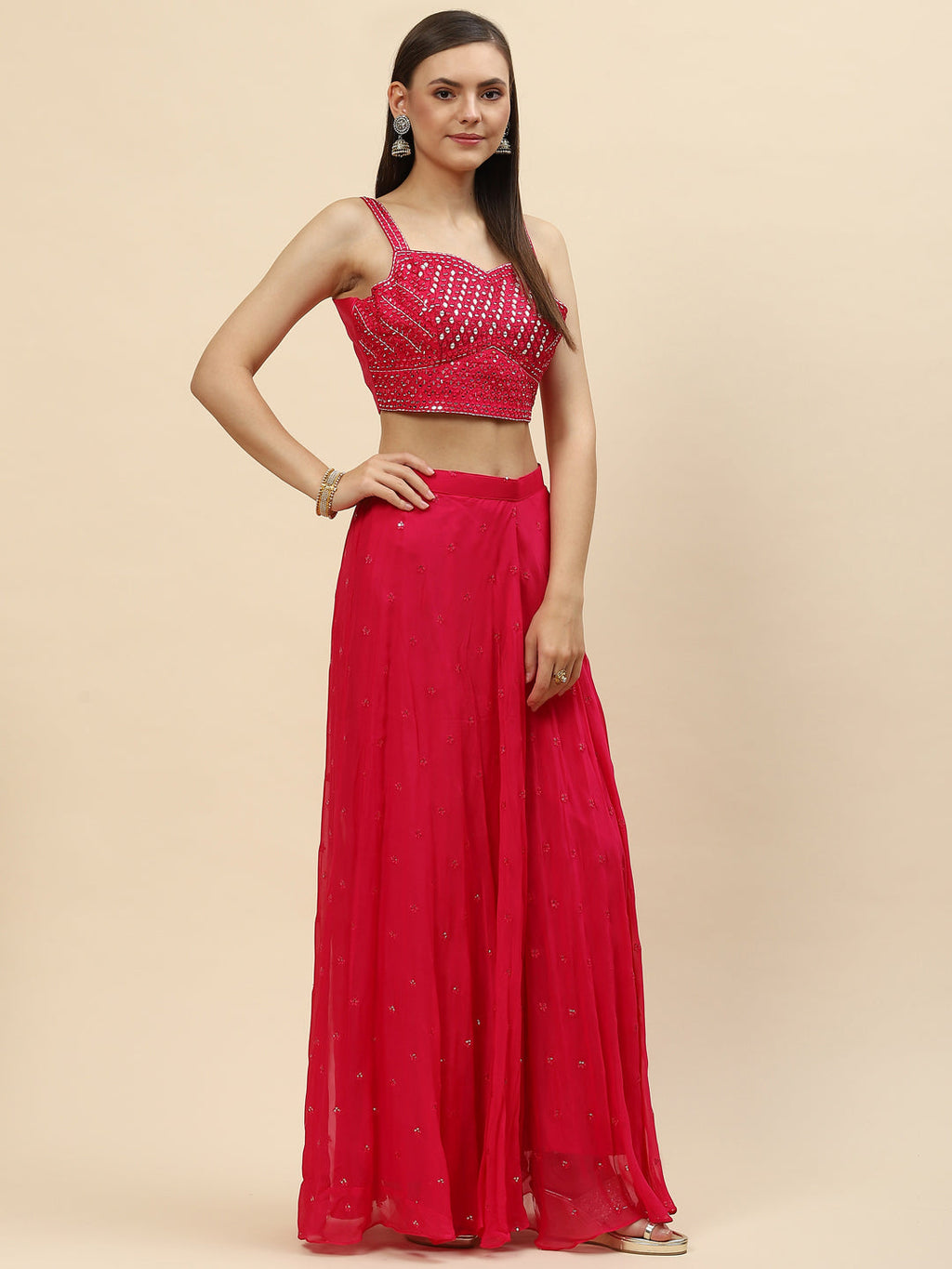 Bandhani Printed Georgette Crop Top With Palazzo & Jacket