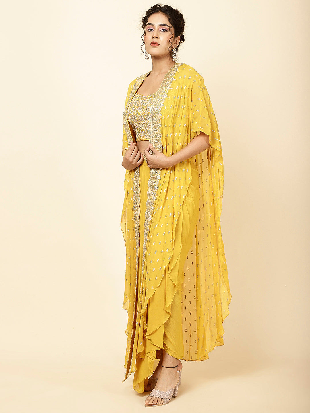 Sequin Embroidered Georgette Drape Skirt With Top &amp; Jacket