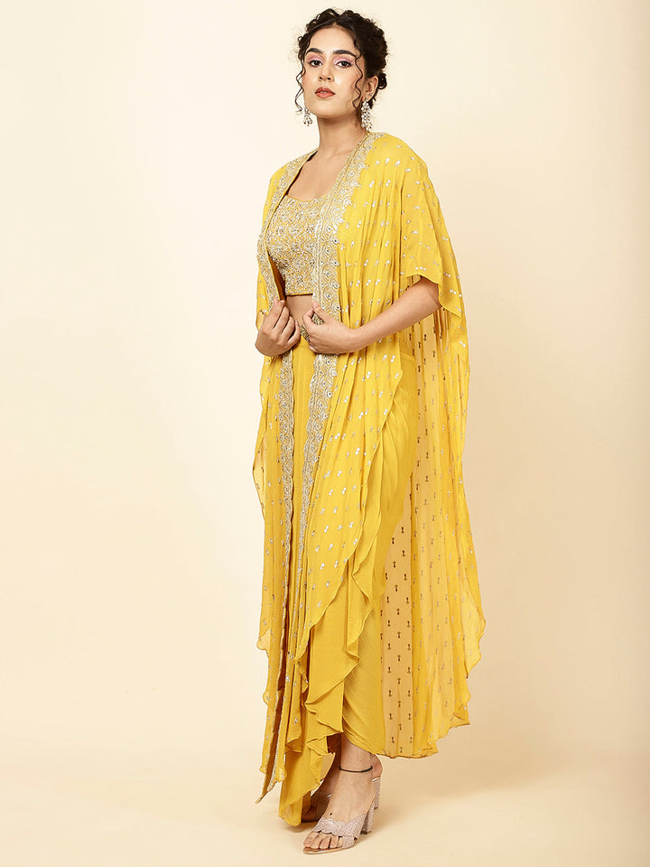 Sequin Embroidered Georgette Drape Skirt With Top &amp; Jacket